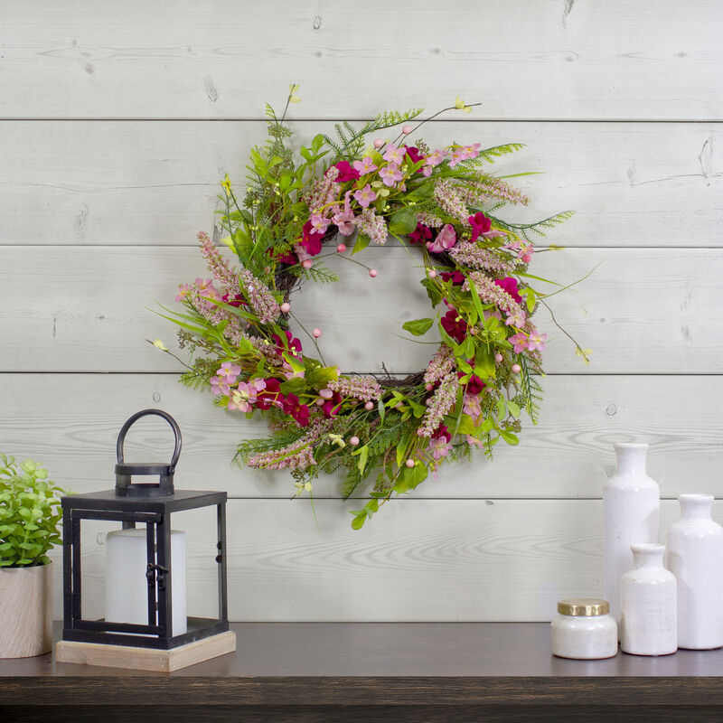 Spring Floral Foliage and Berry Twig Wreath  Pink 21" image number 1
