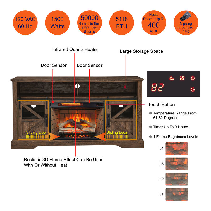 60 Inch Electric Fireplace Entertainment Center With Door Sensor image number 3