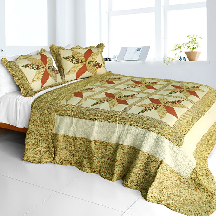 Queen Size Cotton 3-Piece Quilted Printed Quilt Set with Matching Pillow Shams