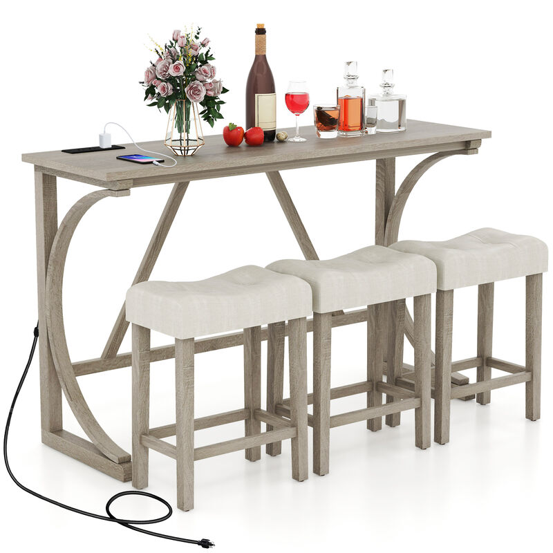 4-Piece Bar Table Set with Power Outlet and Upholstered Saddle Seat Stools
