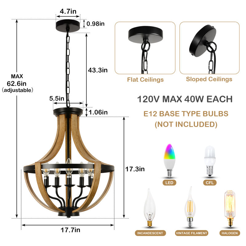 ELEMENT ACE 5-Light Farmhouse Industrial Chandelier Vintage Geometric Frame Adjustable Height Ceiling Light Fixture for Dining Room Foyer Kitchen Hallway Bathroom image number 2