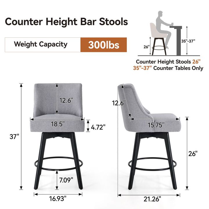 Counter Height Bar Stools, 26" Swivel Barstools with Backs, Linen Bar Chairs for Dining Room, Grey