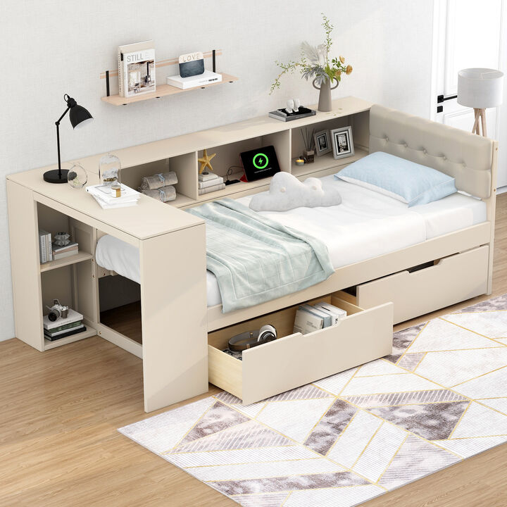 Whisen Platform Bed with Storage Shelves, Drawers, Charging Station and Upholstered Headboard