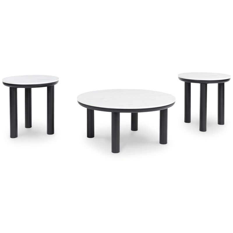 Dae 3pc Coffee and End Table Set, Round White Faux Marble, Black