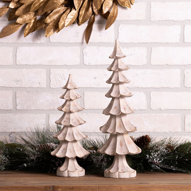 Set of 2 Distressed Wood Pine Trees for Neutral Holiday or Winter Styling