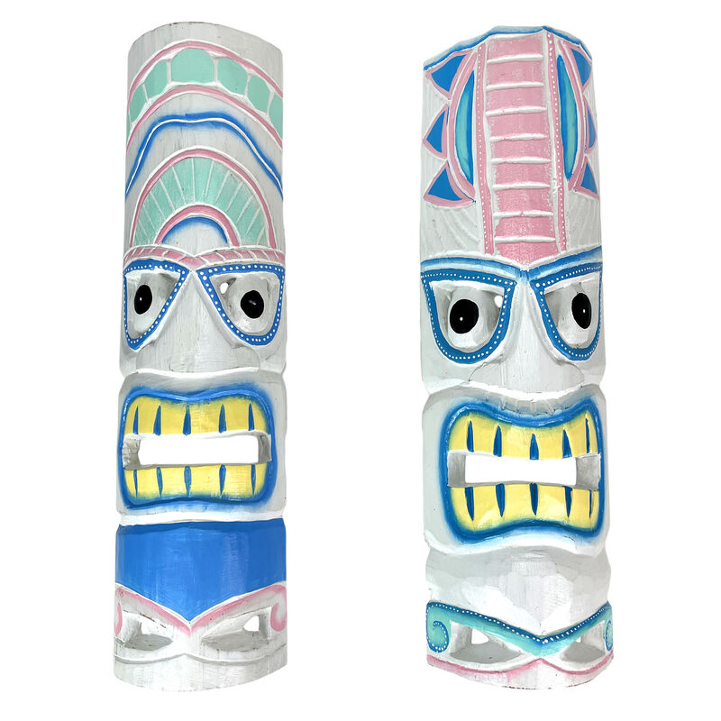 Set of 2 - 20" Pastel Pink & Blue Tiki Masks Wood Wall Decor Indoor/Outdoor image number 0