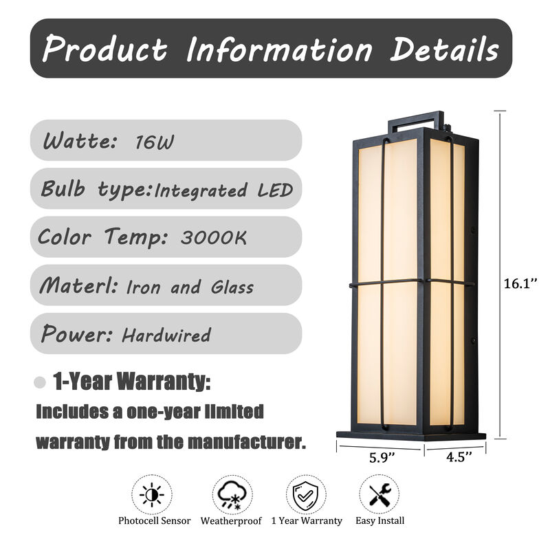 H16 Inch Modern Outdoor Wall Lantern with Dusk-to-Dawn Sensor Integrated 16W LED Light Frosted Panels and Black Metal Exterior Sconce for Porch Garage Entryway image number 5