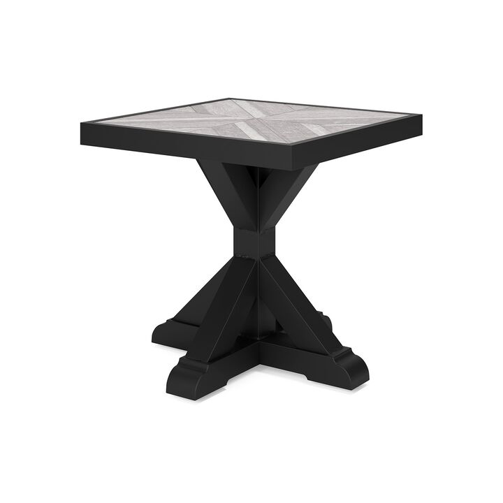 Tira 22 Inch Outdoor Side End Table, Tile Top, Black, Light Gray Finish - Benzara