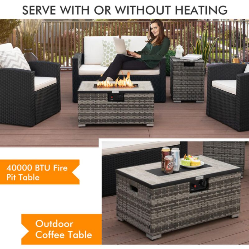 Hivvago Propane Rattan Fire Pit Table Set with Side Table Tank and Cover