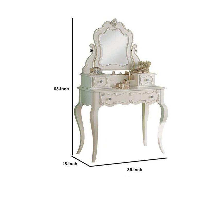 63 Inch Wood Classic Vanity Desk with Mirror, 3 Drawers, Carved, White