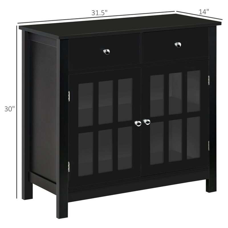 Black Dining Cabinet: Buffet with Glass Doors and 2 Drawers