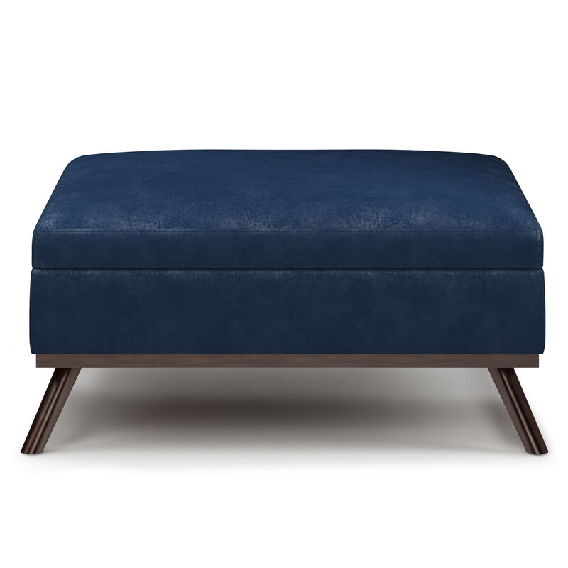 Owen Square Coffee Table Storage Ottoman in Distressed Dark Blue Faux Leather