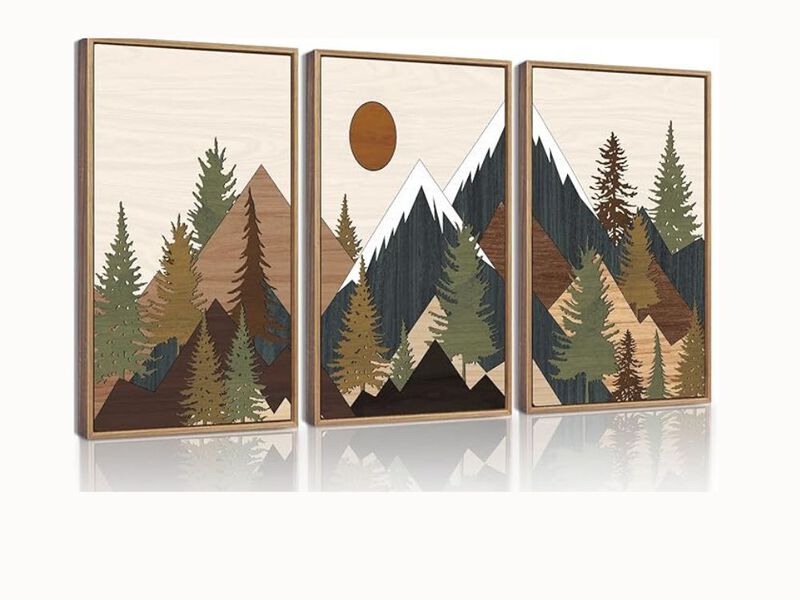 11×14" Mountain Landscape Wall Art – Sunrise Forest Prints, Rustic Natural Frame (Set of 3)