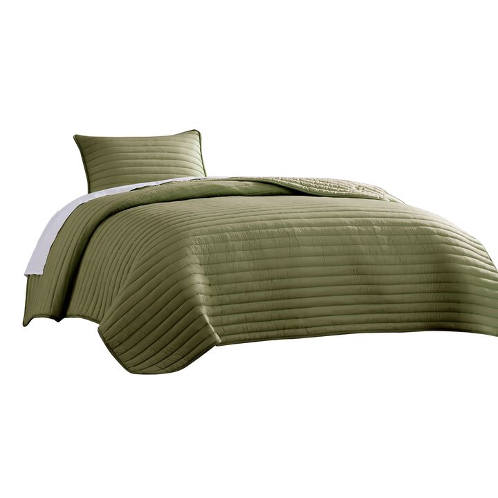 Cabe 2 Piece Twin Comforter Set, Polyester Puffer Channel Quilted, Green - Benzara