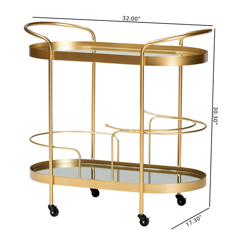 Baxton Studio Kamal Glam Brushed Gold Finished Metal 2 Tier Mobile Wine Bar Cart