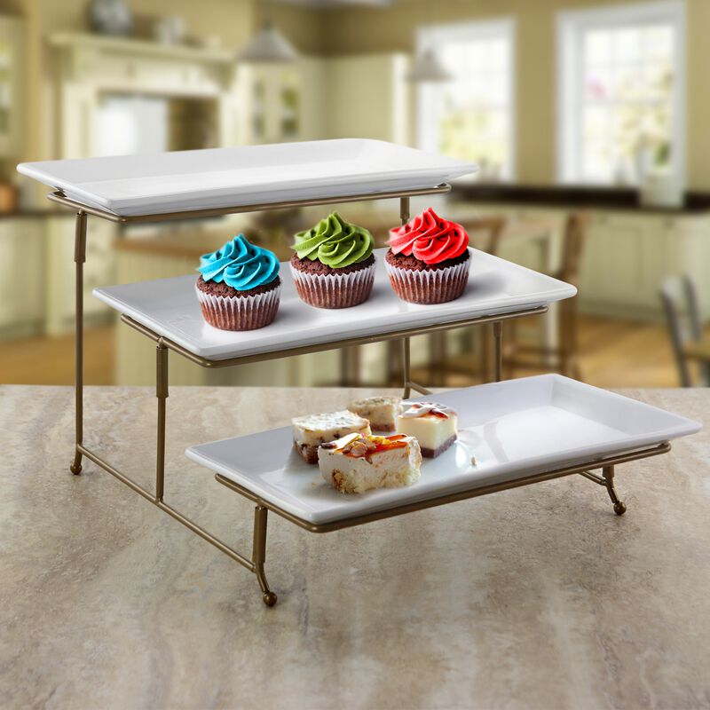 Gibson Elite Gracious Dining 3 Tiered Rectangle Porcelain Plate Set with Gold Metal Stand
