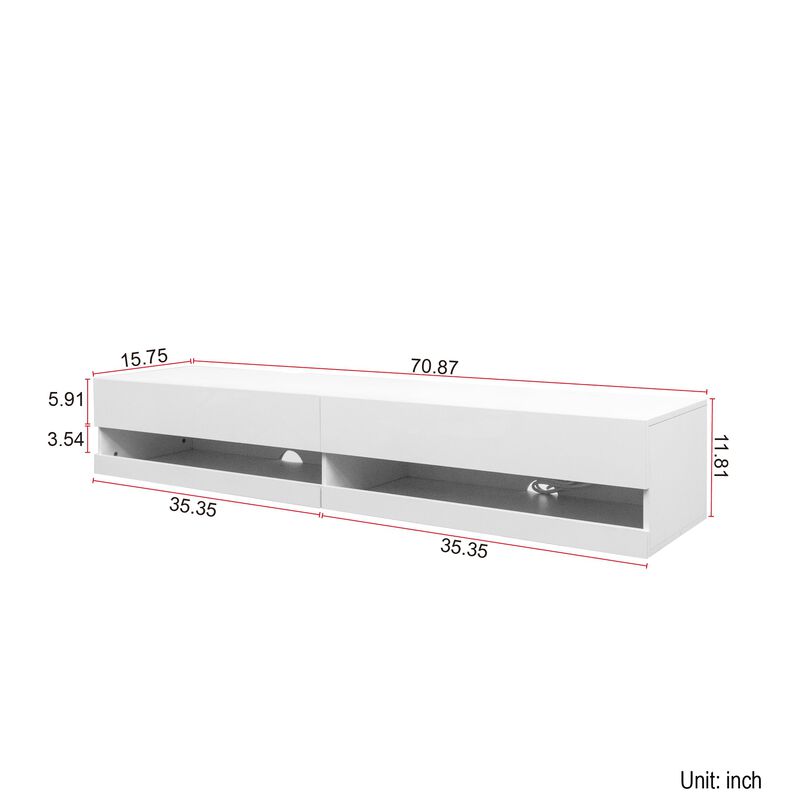 Clihome 180 Wall Mounted Floating 80" TV Stand with 20 Color LEDs and Charging Station