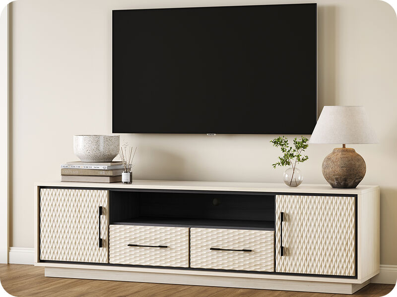 BELLEZE 68" Embossed TV Stand For Tv Up to 75", Mid Century Modern Entertainment Center with Storage & 2 Drawers, Media Console Cabinet for Living Room (White Lotus)