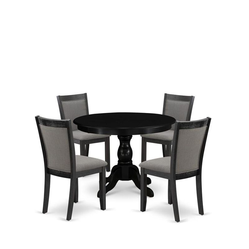 East West Furniture 5-Piece Kitchen Room Table Set Includes a Pedestal Dining Table and 4 Dark Gotham Grey Linen Fabric Upholstered Dining Chairs - Wire Brushed Black Finish