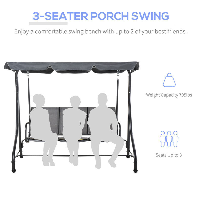 Outsunny 3-Seater Porch Swing Chair, Outdoor Swing Glider with Adjustable Canopy, Padded Breathable Seat, for Garden, Poolside, Backyard, Deck