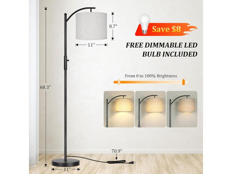 Dimmable Arc Floor Lamp with Linen Shade for Living Room