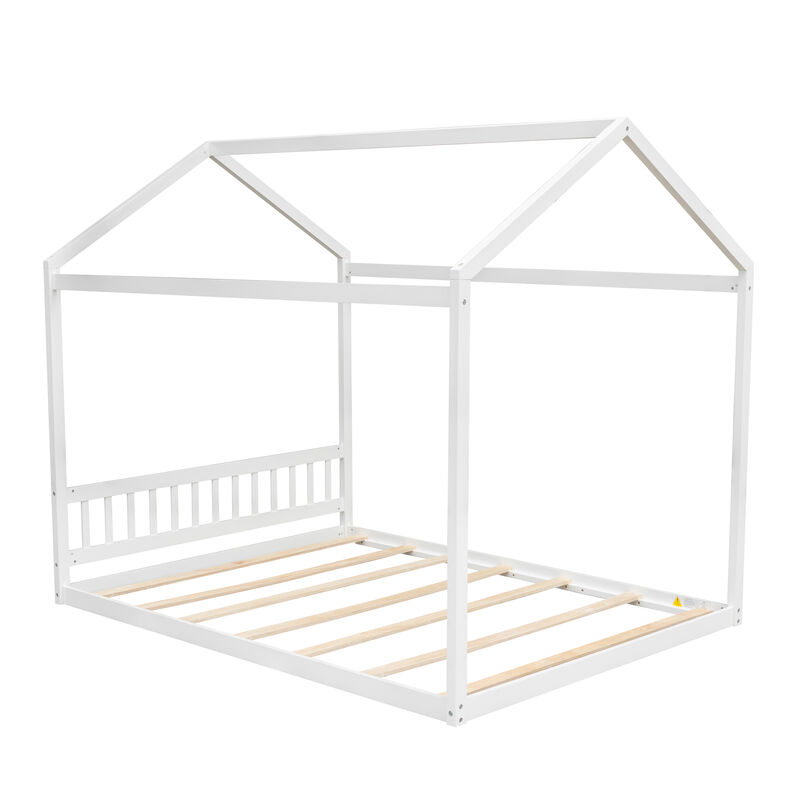 Whisen Queen Size Wooden House Bed, Minimalist Style Montessori Bed - Gray