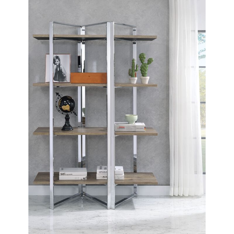 Geometric Metal Framed Bookshelf with Four Open Wooden Shelves, Brown and Silver