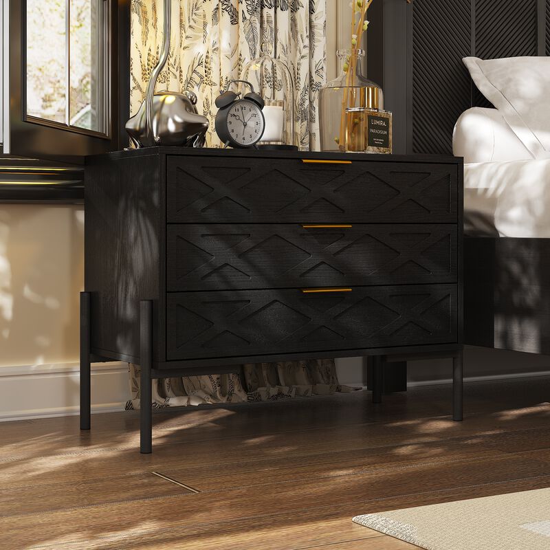 FUFU&GAGA Black 3-Drawer Nightstands with Gold Handles and Metal Legs, P2 Particleboard, (31.5" W x 23.6" H x 15.4" D), Black