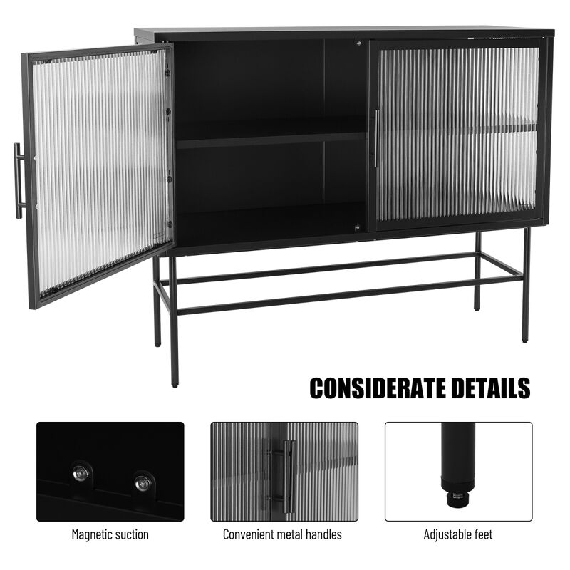 Double Tempered Glass Door Storage Cabinet with Adjustable Shelf and Feet Cold-Rolled Steel Tempered Glass Sideboard Furniture for Living Room Kitchen Black Color