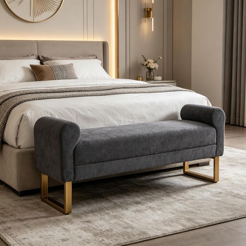 Envelor 65 in. Chenille Upholstered Ottoman Bench with Arms and Gold Legs image number 4