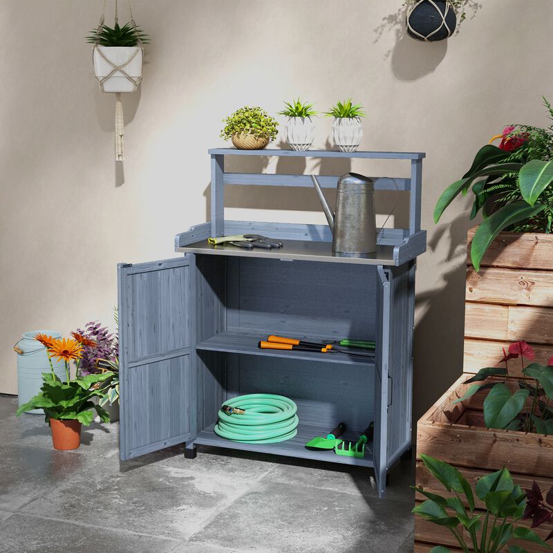 Outsunny Potting Bench, Outdoor Wooden Potting Table with Storage Cabinet, Storage Shelf, Garden Work Bench with Galvanized Plated Tabletop for Backyard, Balcony, Gray