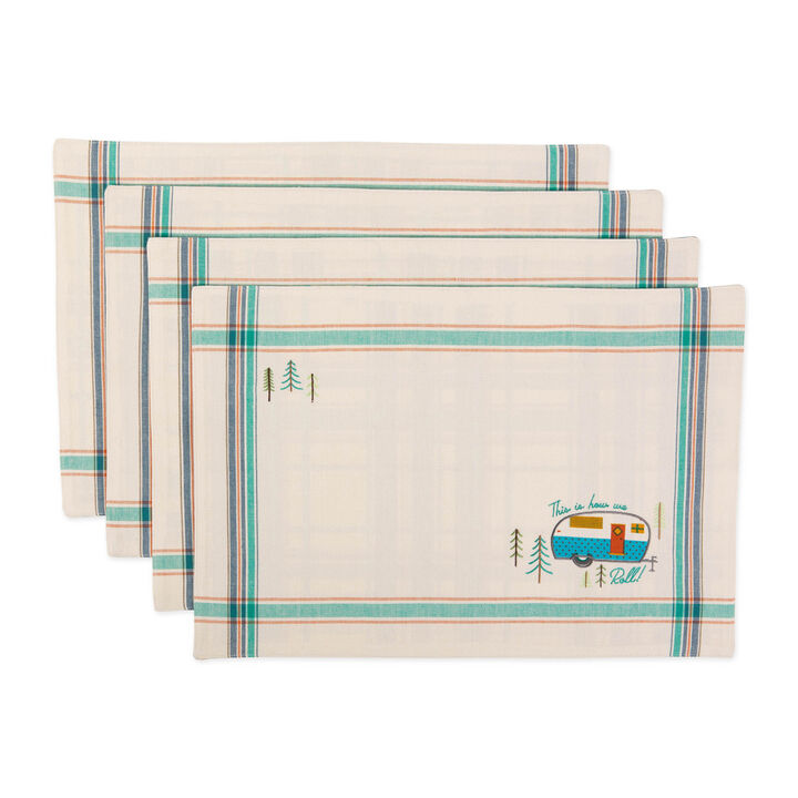 Set of 4 White and Blue Camper Embellished Rectangular Placemats 19"