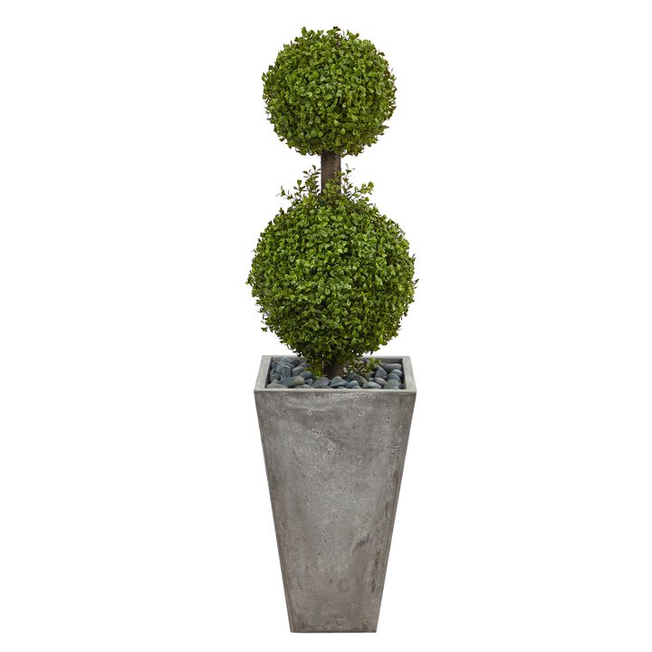 Hivvago 4 Feet Double Boxwood Topiary Artificial Tree in Cement Planter (Indoor/Outdoor)