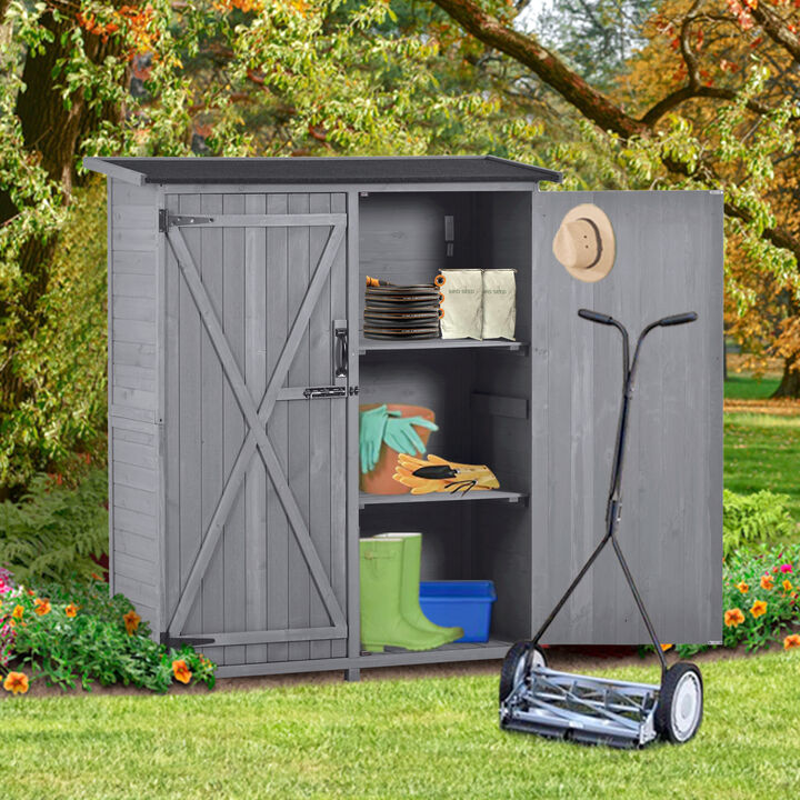 Outdoor 5.3ft Hx4.6ft L Wood Storage Shed Tool Organizer, Garden Shed, Storage Cabinet with Waterproof Asphalt Roof, Double Lockable Doors, 3tier Shelves for Backyard, Gray