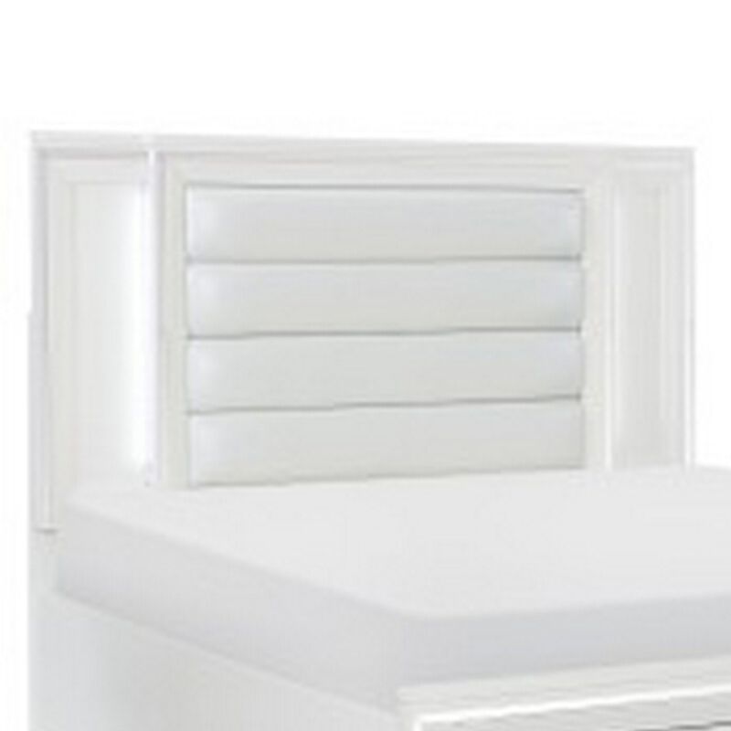 Delcy Queen Platform Bed, LED Headboard, 2 Drawer Footboard, Mirror, White