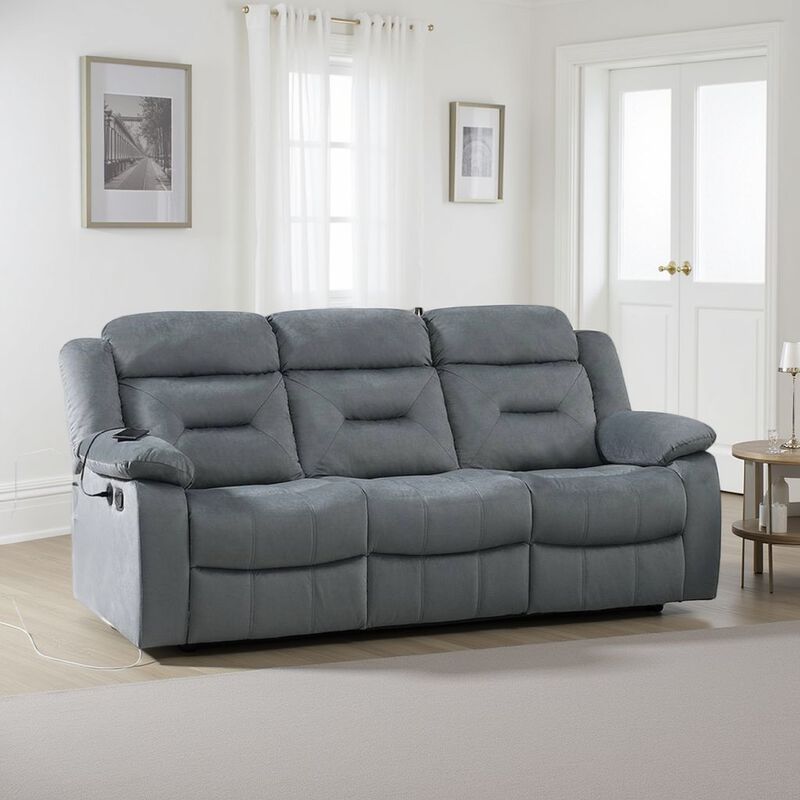 Niko Manual Recliner Sofa, Light Gray Velvet, Solid Wood, 83 Inch