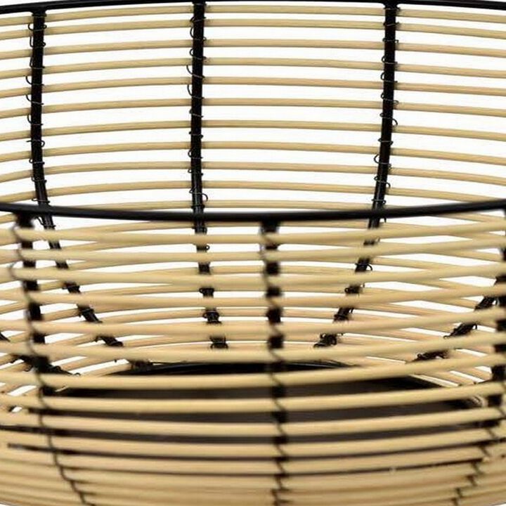 14 Inch Decorative Bowl, Accent Wired Woven Basket, Black, Natural Brown - Benzara