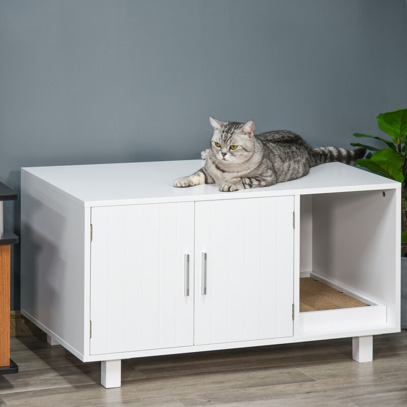Indoor Feline Cat Box Furniture Kitty Table w/ Scratch & Magnetic Doors, White