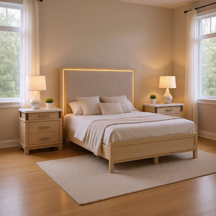 Queen Bedroom Set in Weathered Gray Wood with White & Silver Accents &ndash; 3 Piece Set with 2 Nightstands