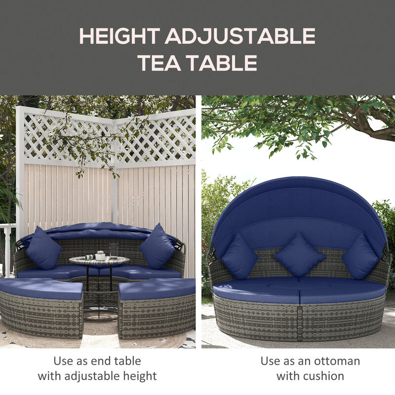 Outsunny 4 Piece Round Rattan Daybed, Convertible Patio Furniture Set, Adjustable Sun Canopy, Sectional Outdoor Sofa, 2 Chairs, Extending Tea Table Ottoman Chair, 3 Pillows, Dark Blue