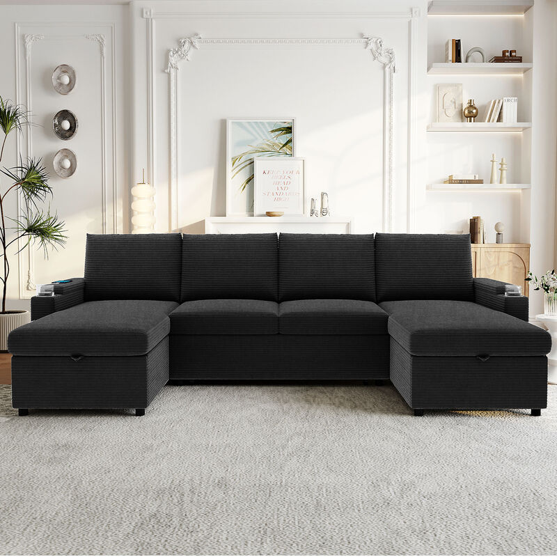 Merax Convertible Sofa Bed U-Shaped Sectional Sofa Modern Upholstered Sofa with Storage Chaise Lounges