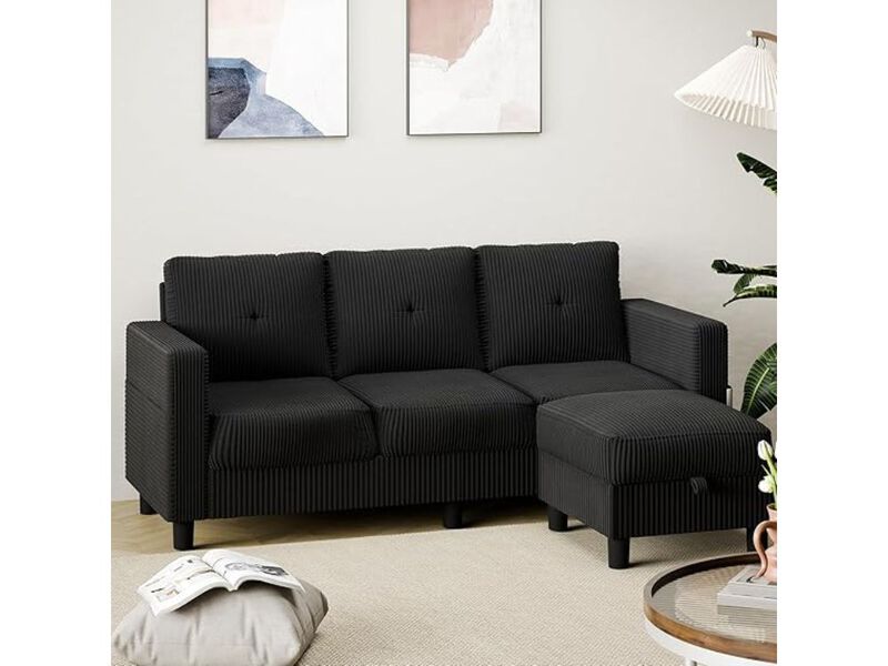 Modern Upholstered Sectional Sofa L Shaped Couch Storage Ottoman Black Corduroy image number 1