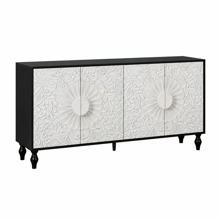 GOODSILO Carved Symmetrical Design Black Door TV Stand Table with Wood Colored Frame for Living Room and Entryway Storage Cabinet