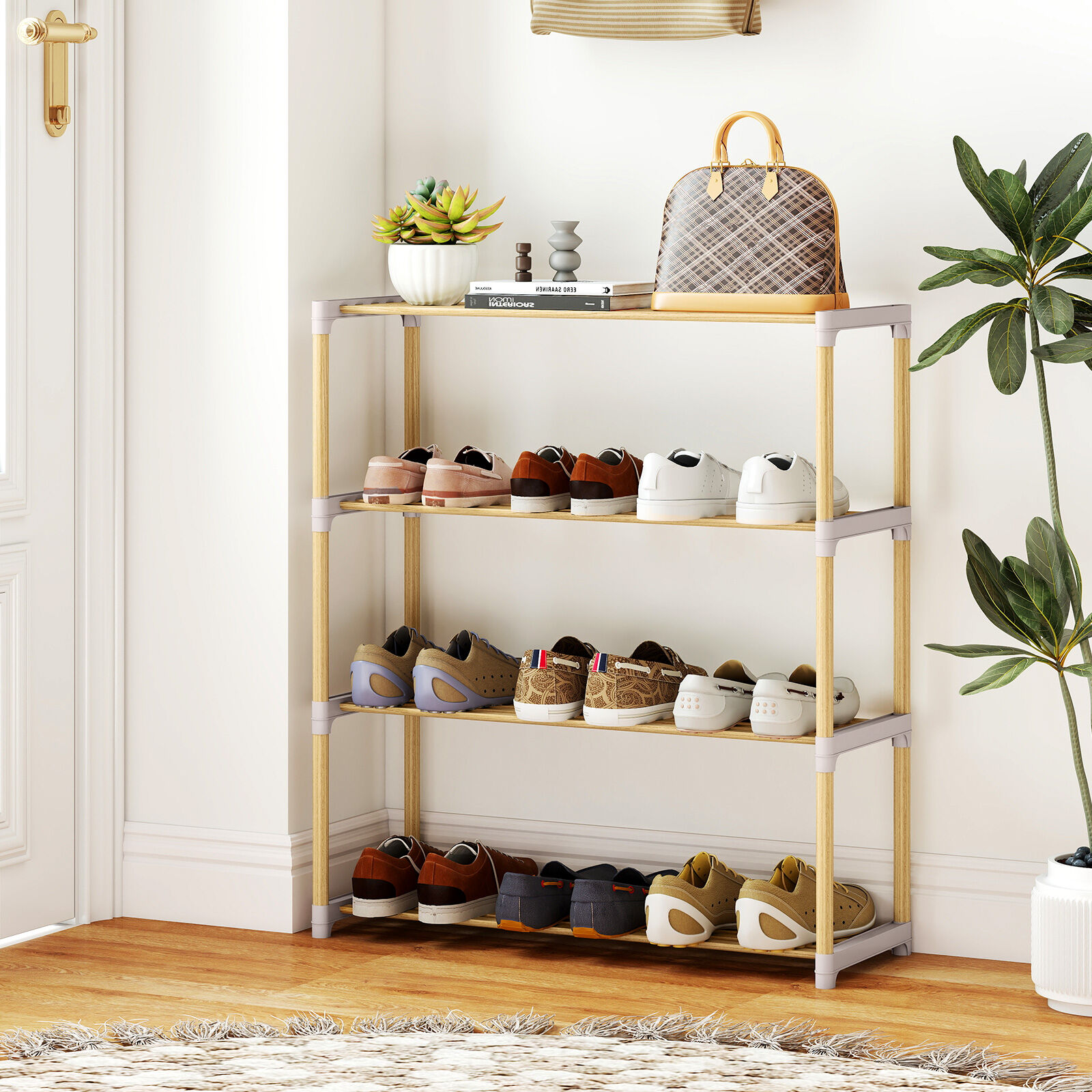 4-Tier Wooden Shoe Storage Rack with Slatted Open Shelves-Natural