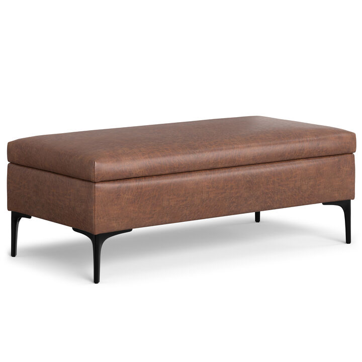 Rebecca 48 inch Wide Mid Century Modern Rectangle Large Coffee Table&nbsp;Storage Ottoman with Lift up Lid in Distressed Saddle Brown Faux Leather, Assembled