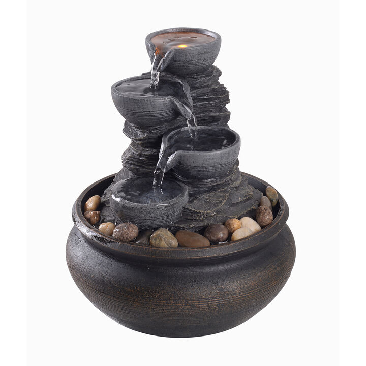 4-Tier Tabletop Water Fountain with LED Lights, Stone Gray