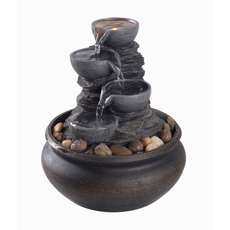 4-Tier Tabletop Water Fountain with LED Lights, Stone Gray image number 0