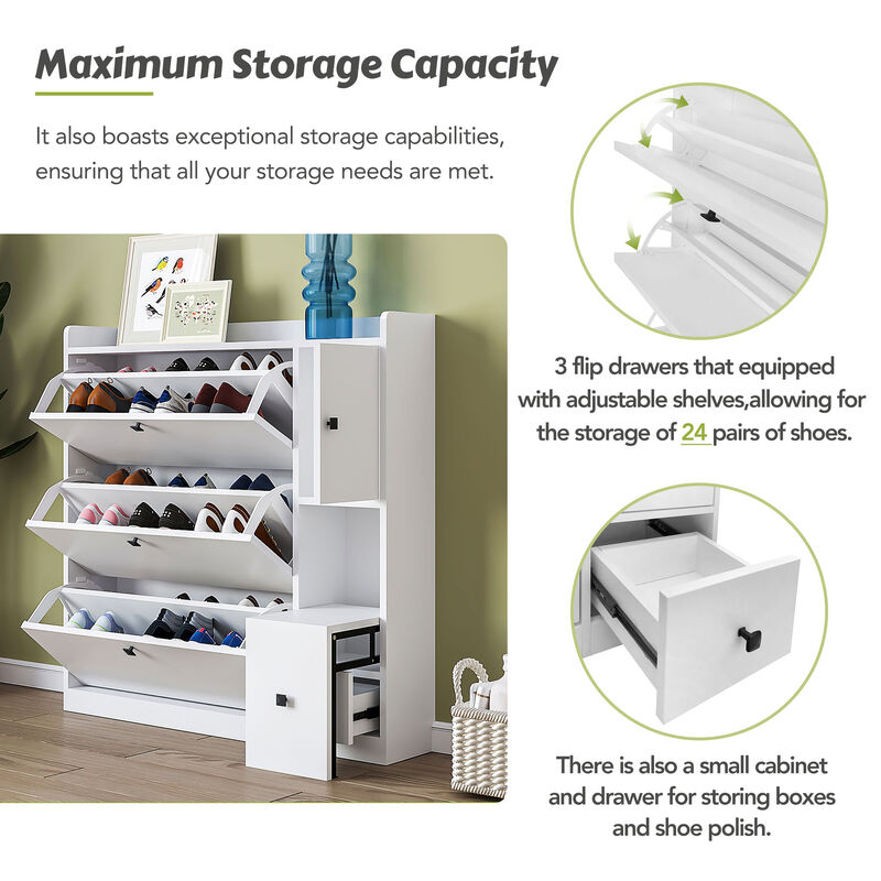 Versatile Shoe Cabinet with 3 Flip Drawers Space-Saving Storage Solution for Entryway or Bedroom