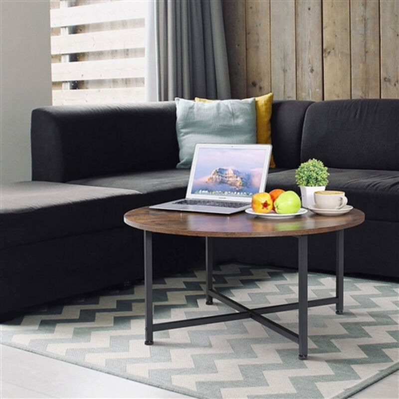 Chic Industrial Round Coffee Table with Wood Top and Metal Frame