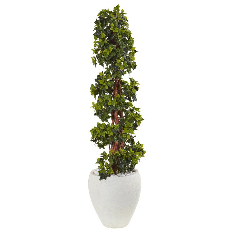 Hivvago 4 Feet English Ivy Topiary Tree in White Oval Planter UV Resistant (Indoor/Outdoor)